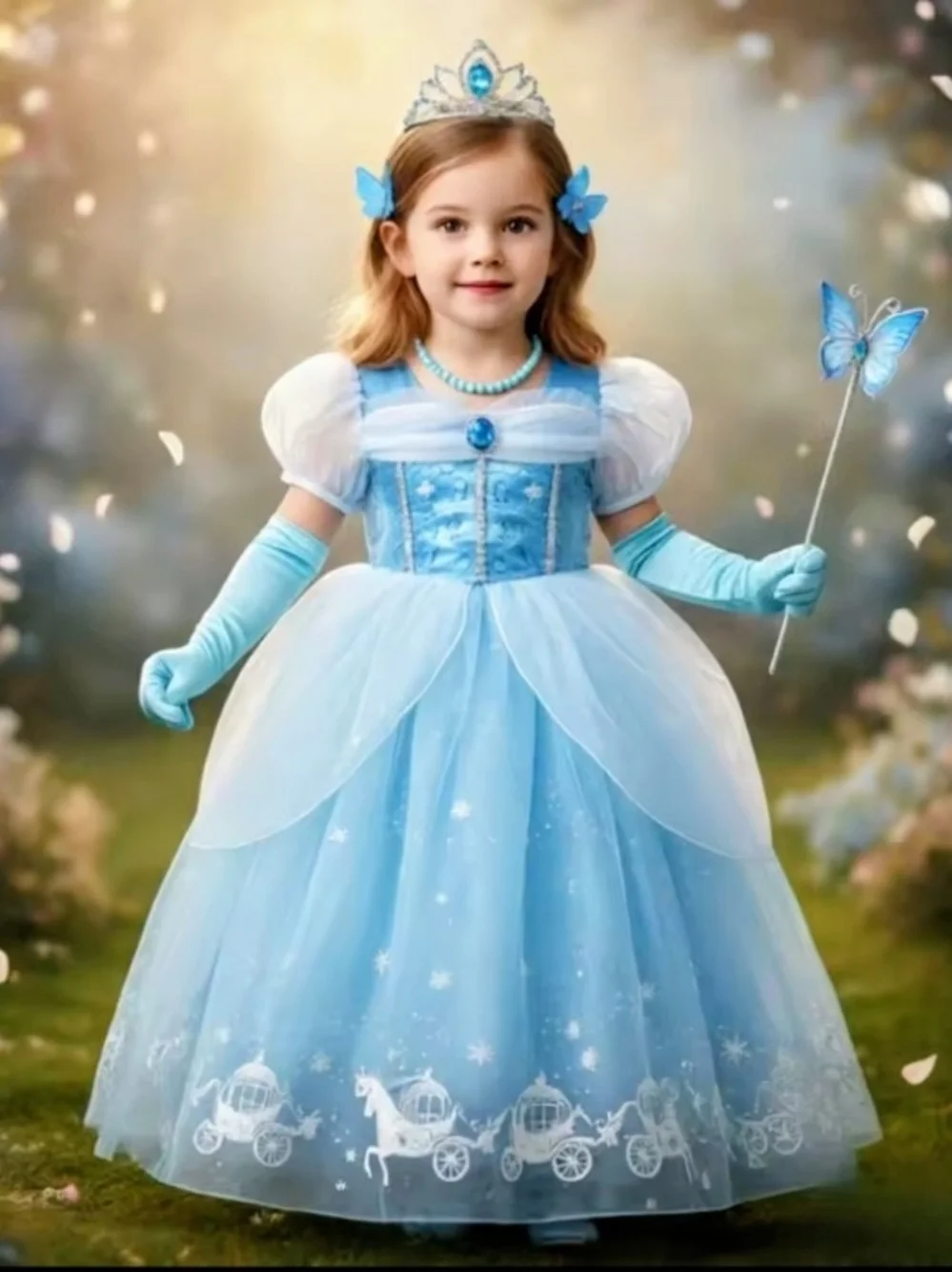 Classic Blue Princess Costume Dress with Tiara and Gloves